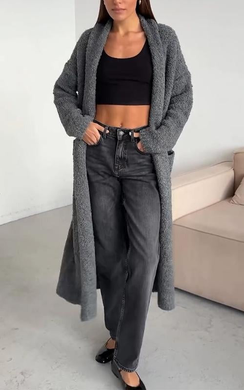 Women's longline textured cardigan with shawl collar, open front and patch pockets