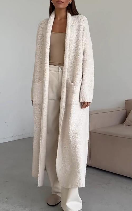 Women's longline textured cardigan with shawl collar, open front and patch pockets