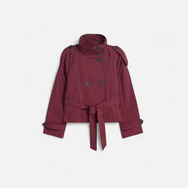 Women's short belted trench jacket with high collar, button front and long sleeves