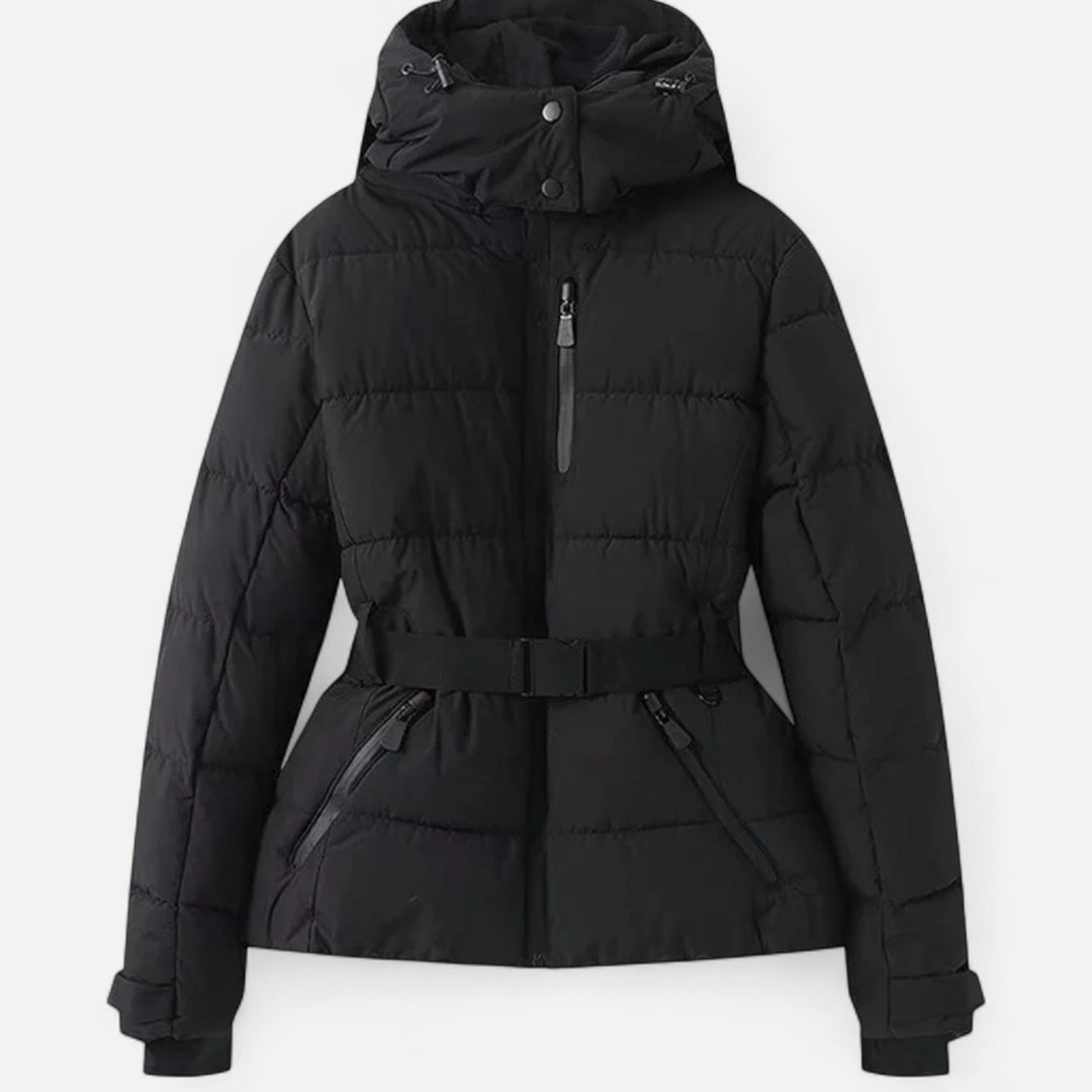 Women's hooded padded ski jacket with a belted waist and quilted panels