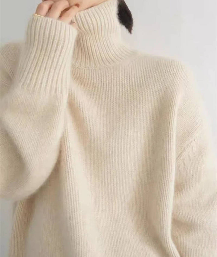 Women's plain ribbed turtleneck sweater with long sleeves and relaxed fit