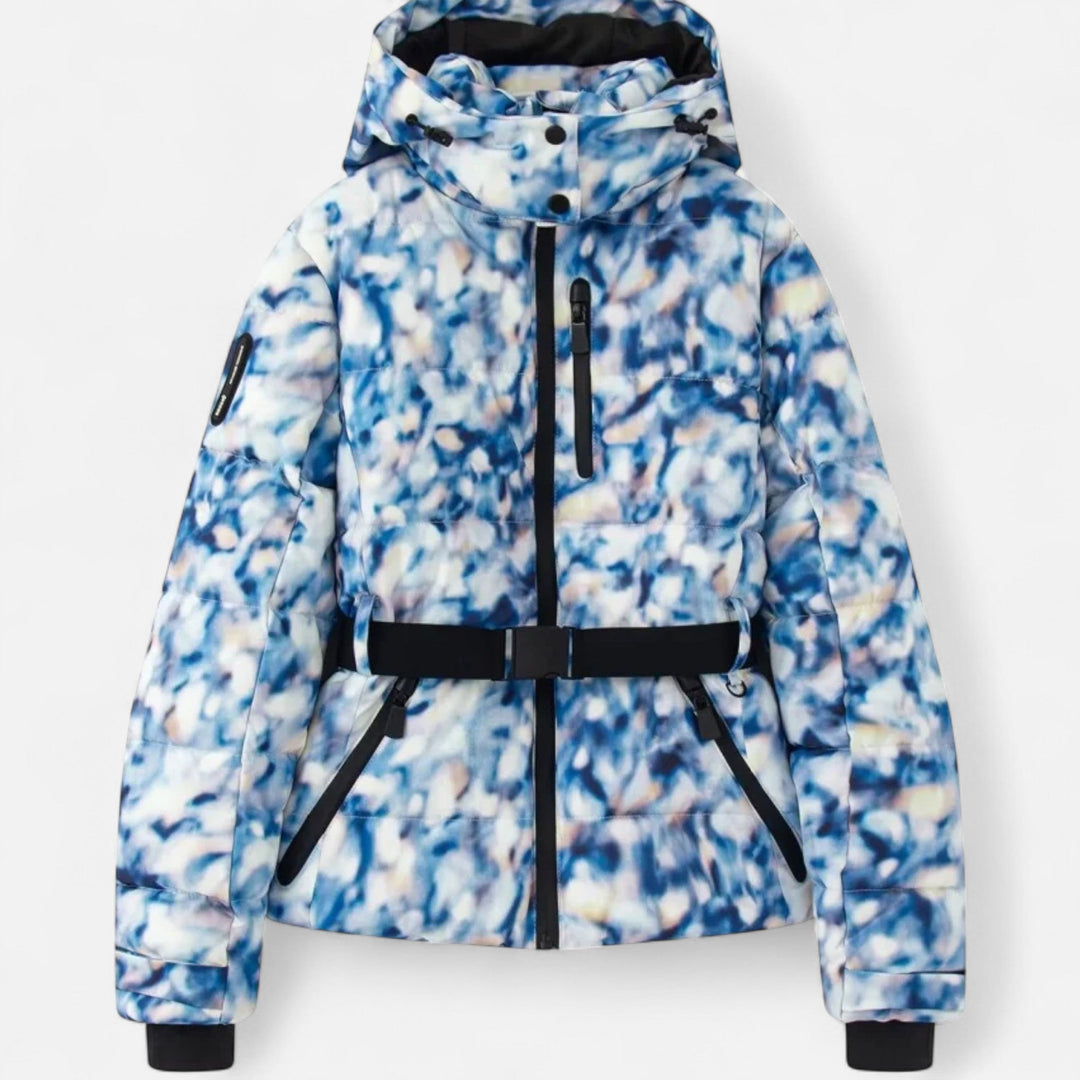 Women's hooded padded ski jacket with a belted waist and quilted panels