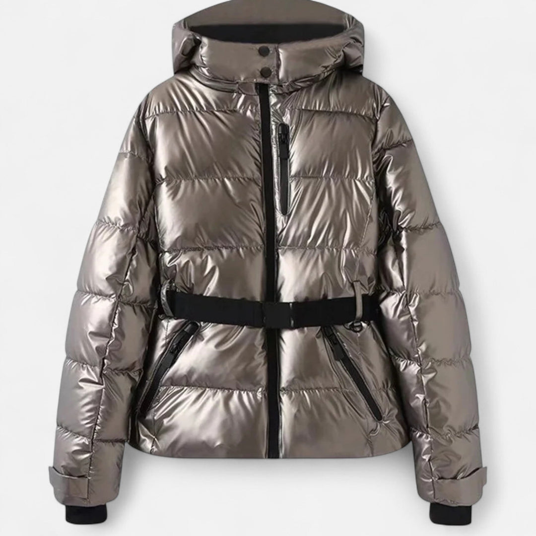 Women's hooded padded ski jacket with a belted waist and quilted panels