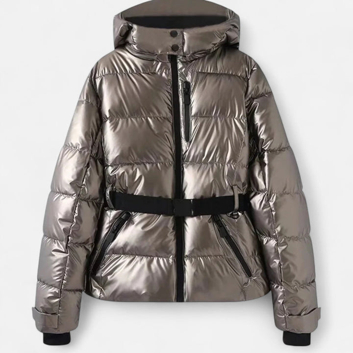 Women's hooded padded ski jacket with a belted waist and quilted panels