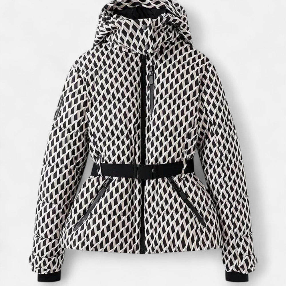 Women's hooded padded ski jacket with a belted waist and quilted panels