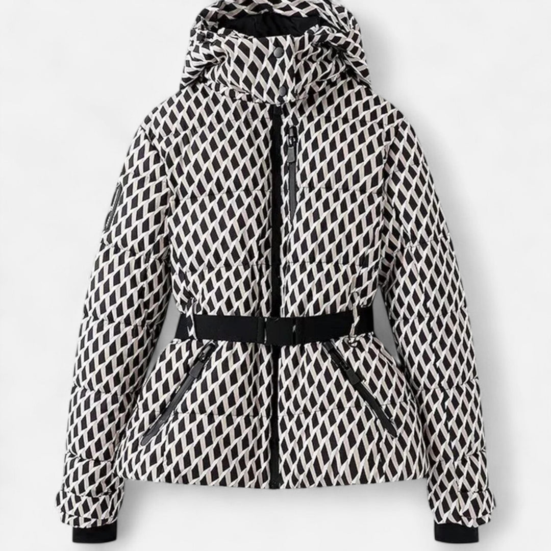 Women's hooded padded ski jacket with a belted waist and quilted panels
