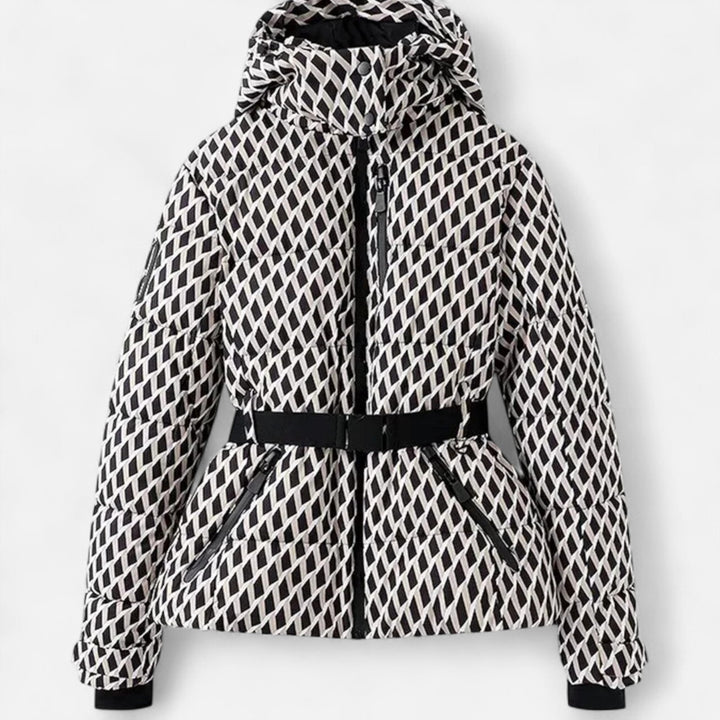 Women's hooded padded ski jacket with a belted waist and quilted panels