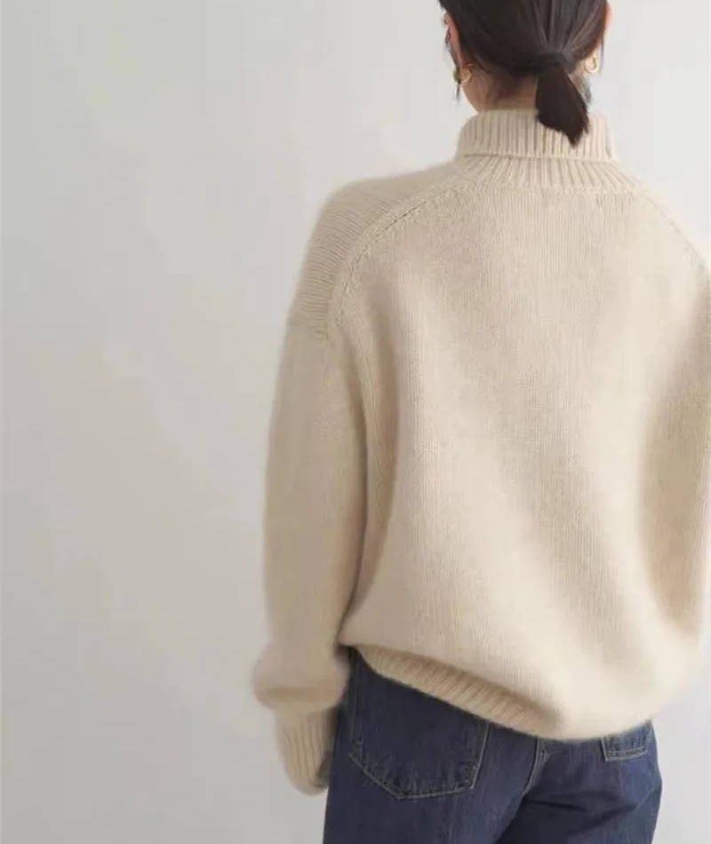 Women's plain ribbed turtleneck sweater with long sleeves and relaxed fit