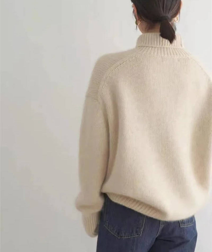 Women's plain ribbed turtleneck sweater with long sleeves and relaxed fit