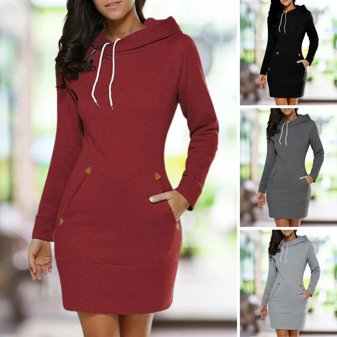 Women's hooded knee-length sweatshirt dress with long sleeves and front pockets