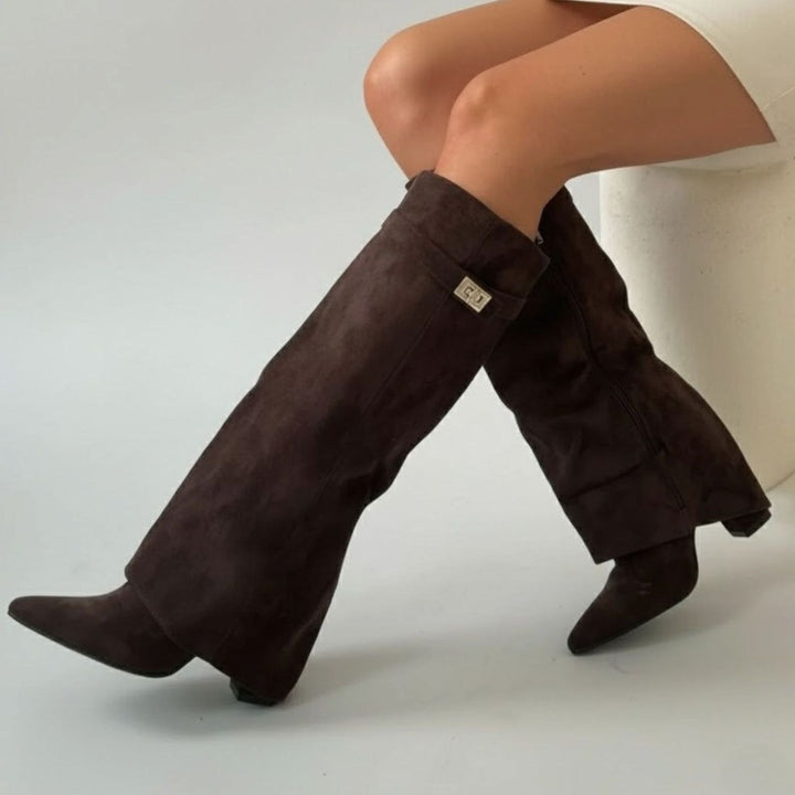 Drew | Women's Over-the-Knee Suede Boots with Buckle and Pointed Block Heel