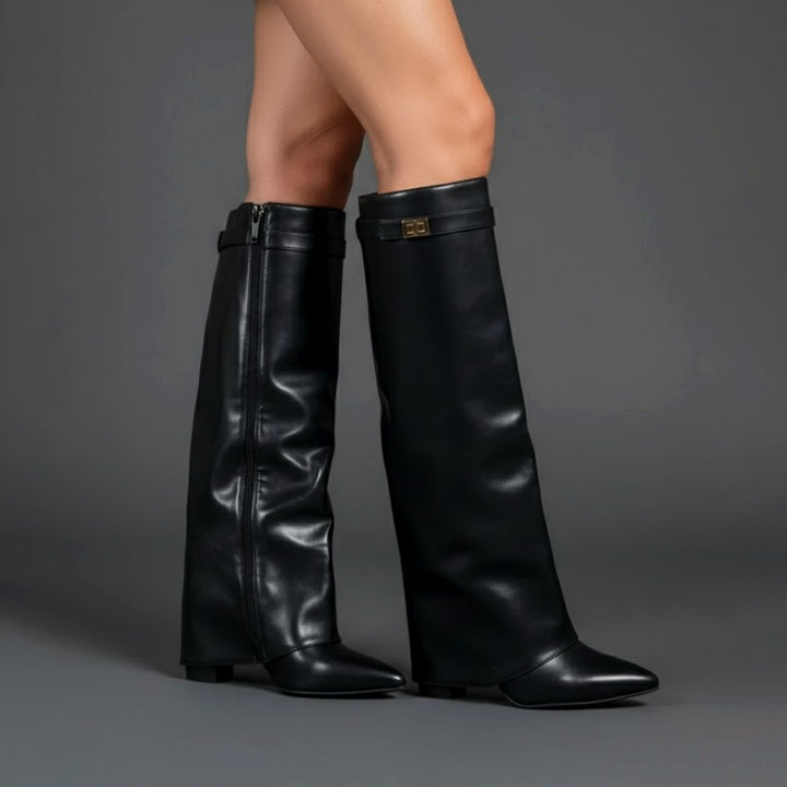 Drew | Women's Over-the-Knee Suede Boots with Buckle and Pointed Block Heel
