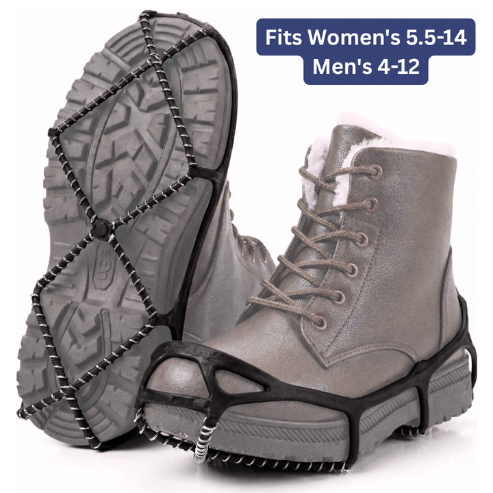 Stretch-fit ice cleats with linked traction coils fitted over a lace-up boot