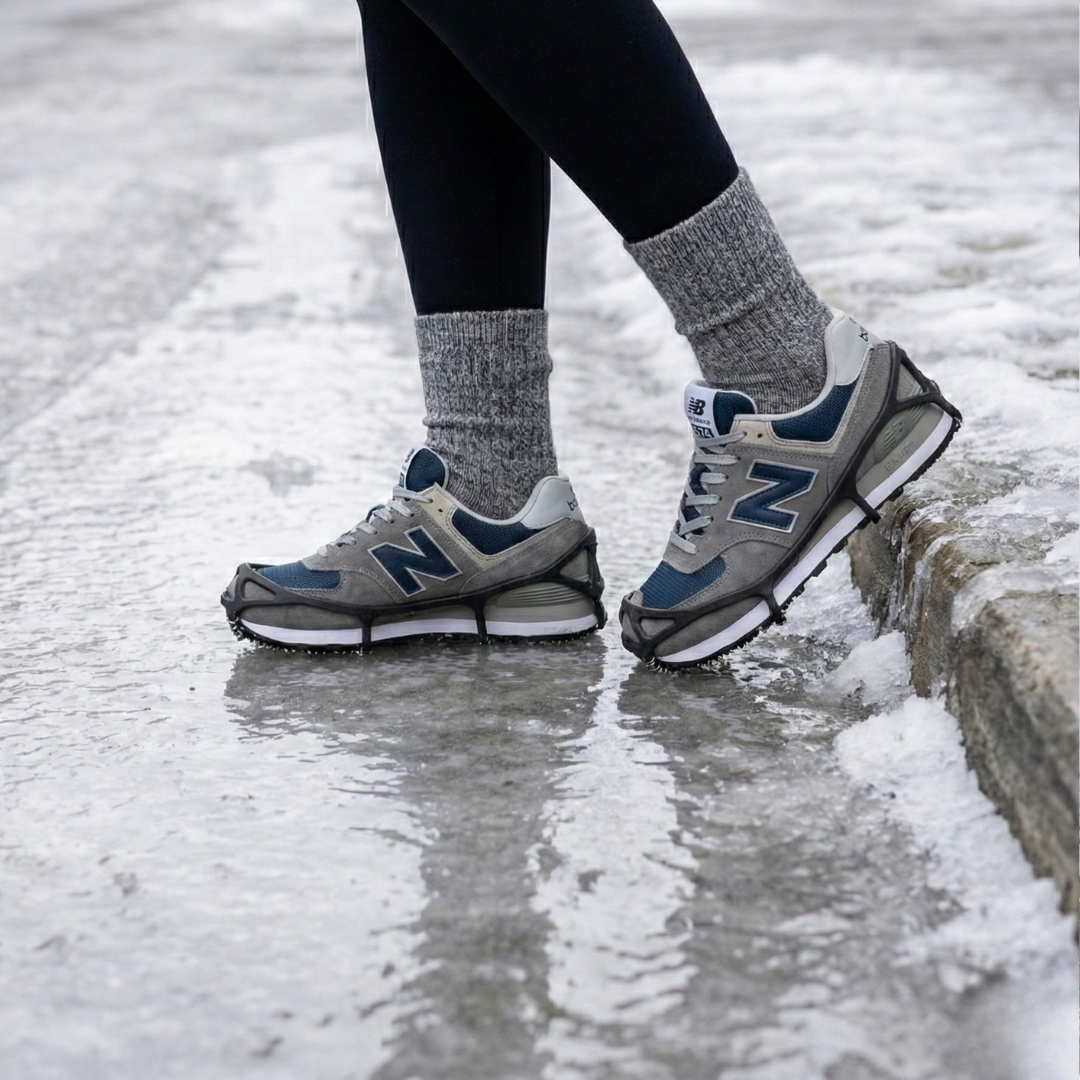 Stretch-fit ice cleats with linked traction coils fitted over a lace-up boot