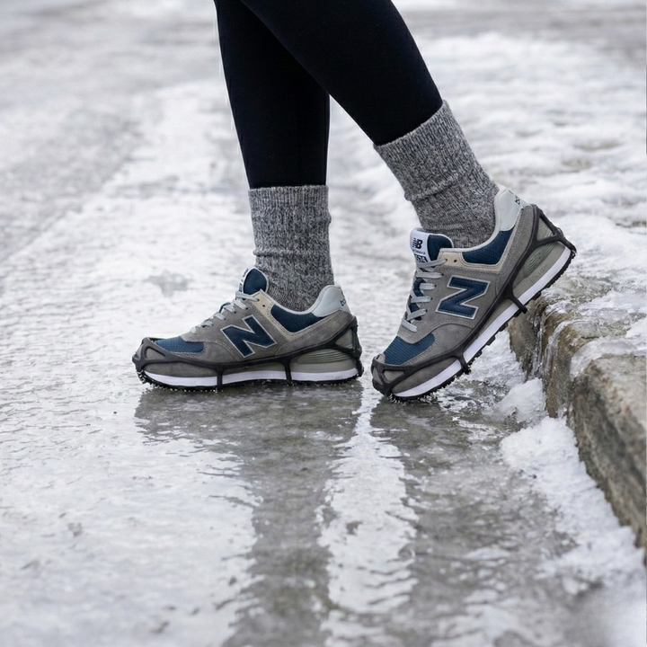 Stretch-fit ice cleats with linked traction coils fitted over a lace-up boot