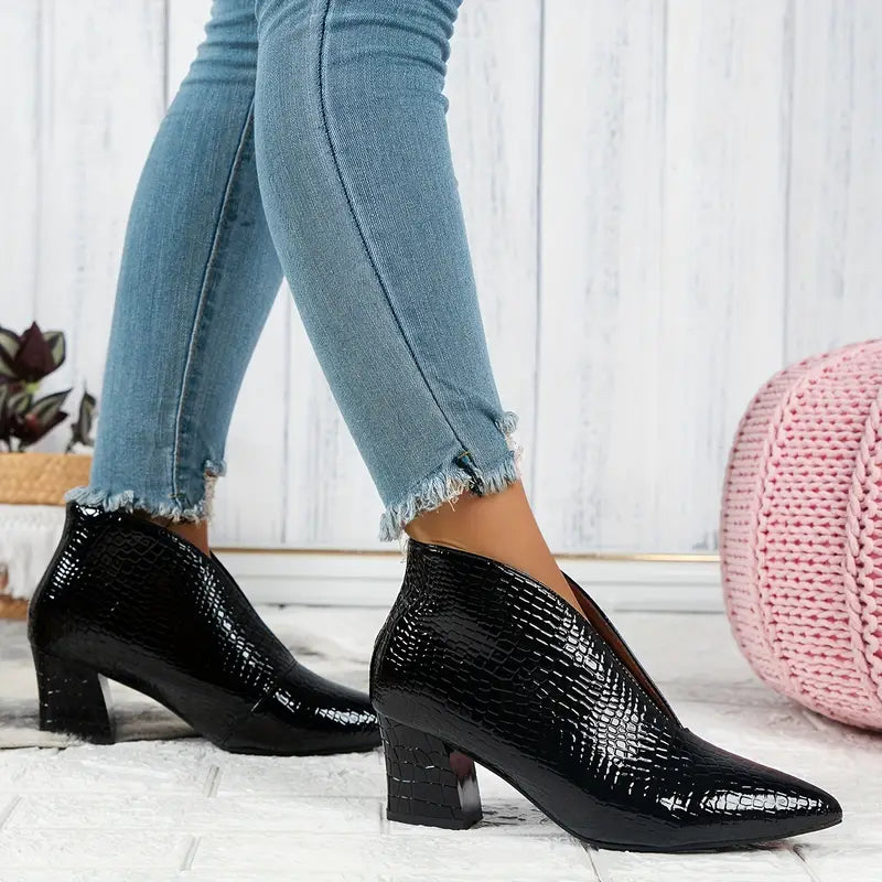 Boots For Women | Pointed Toe Textured Ankle Block Heel