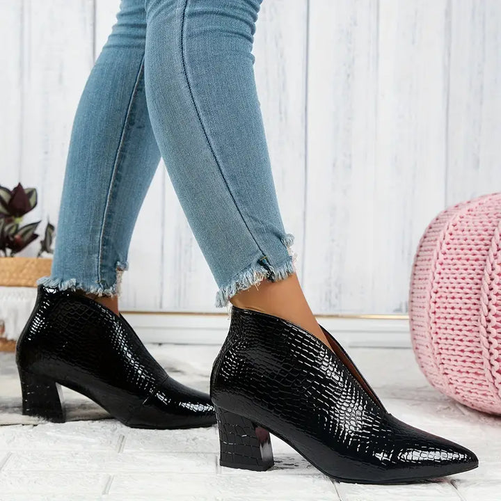 Boots For Women | Pointed Toe Textured Ankle Block Heel