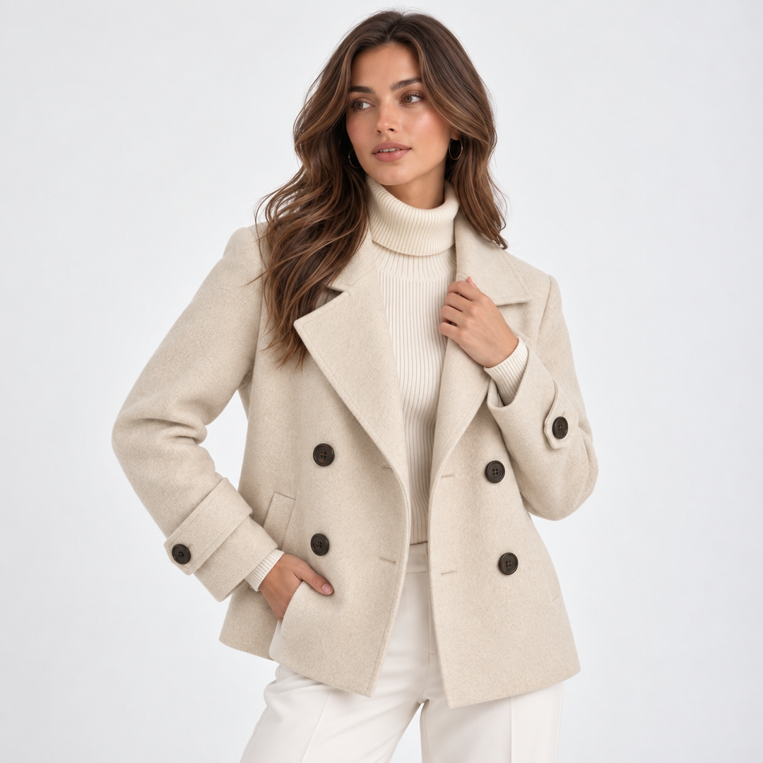 Women's short double-breasted coat with notched lapels and long sleeves