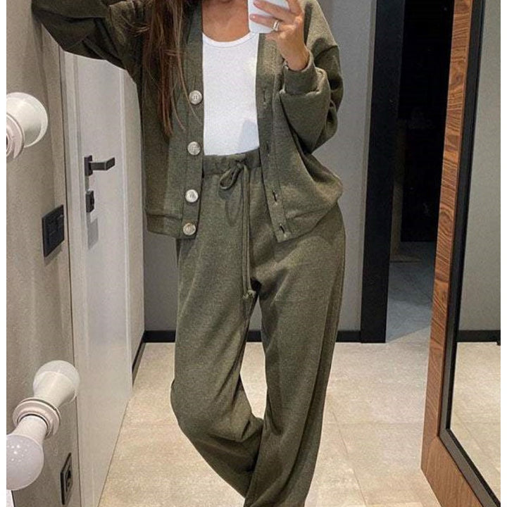 Women's long-sleeve V-neck cardigan and full-length trouser knit set