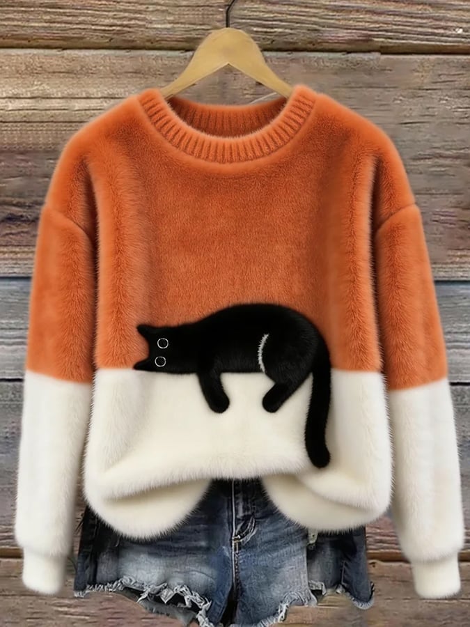 Women's long-sleeve crew neck sweater with a black cat graphic and contrast panels