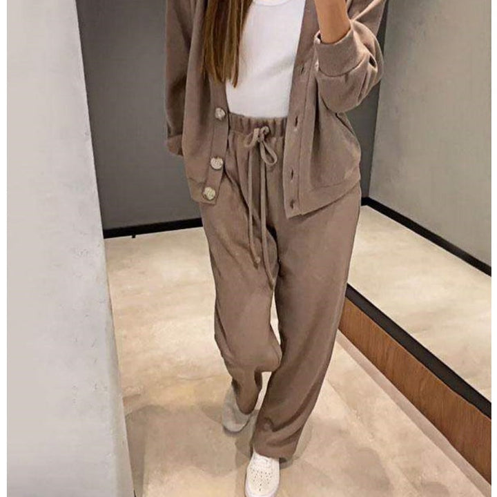 Women's long-sleeve V-neck cardigan and full-length trouser knit set
