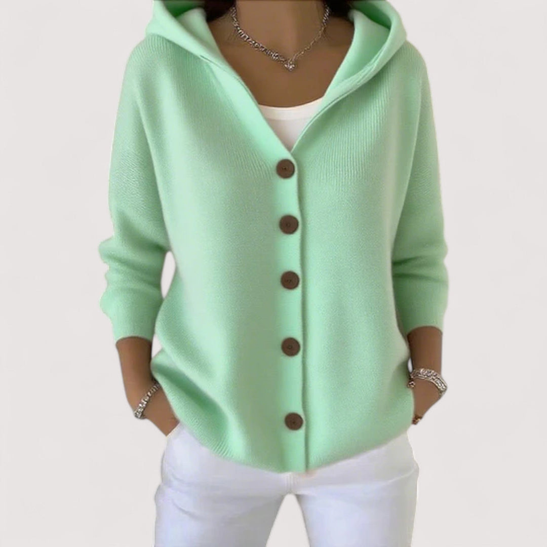 Women's hooded button cardigan with long sleeves and front pockets