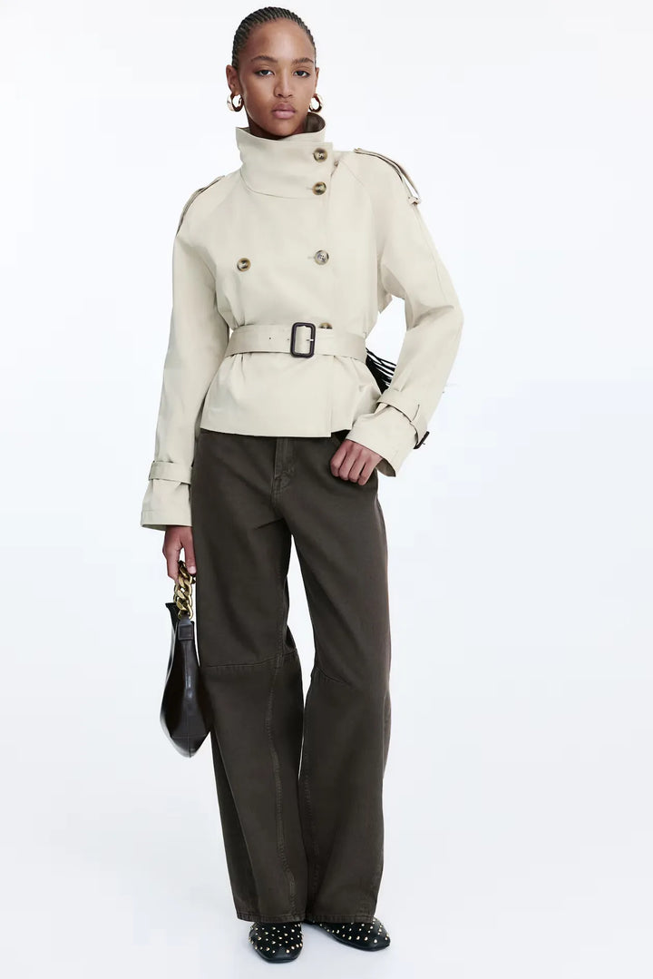 Women's short belted trench coat with high collar and long sleeves