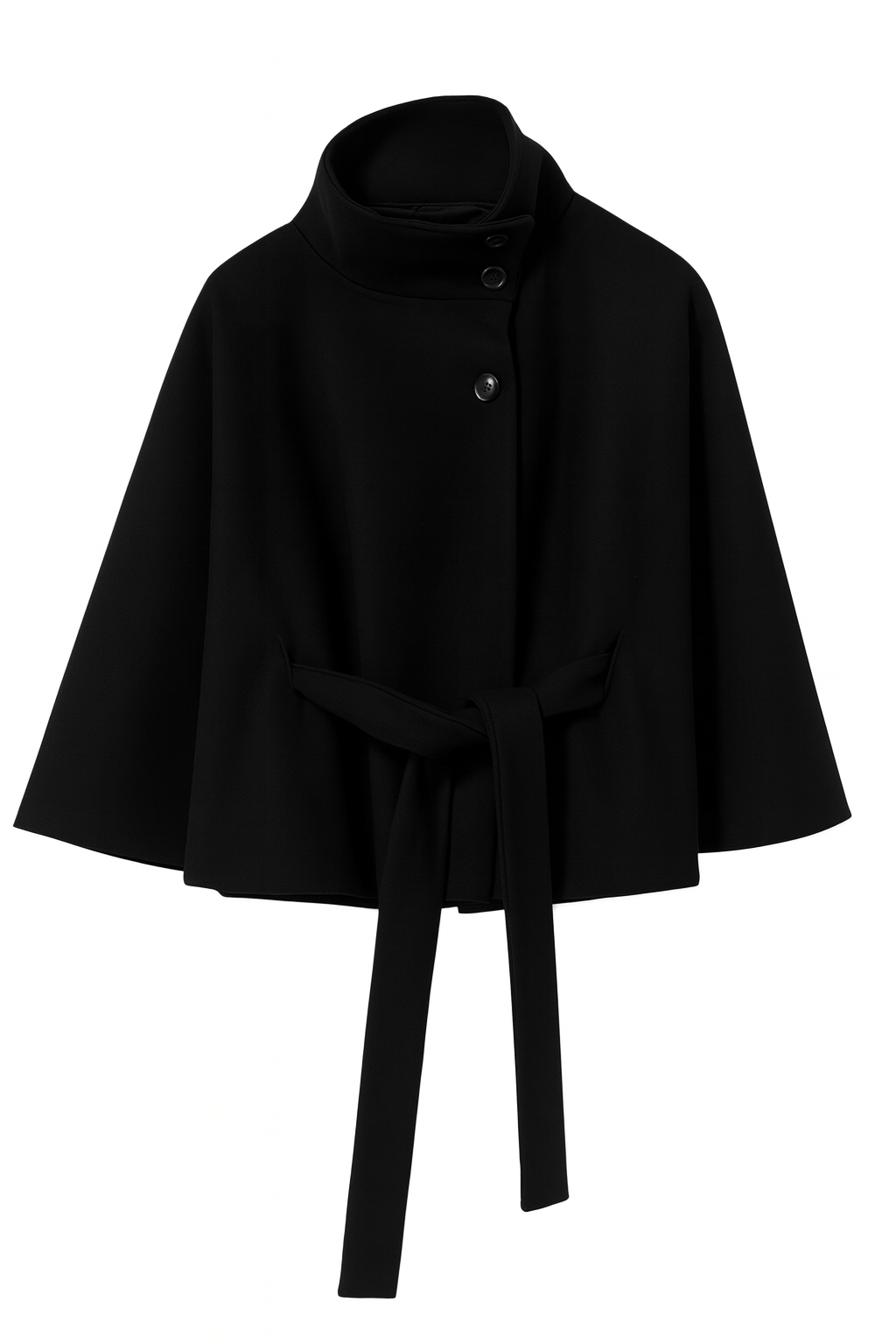 Women's cape coat with stand collar, button front and waist tie