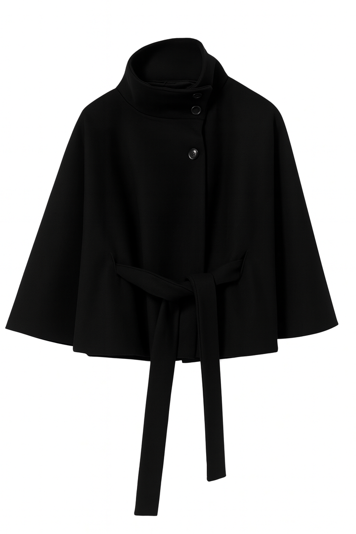 Women's cape coat with stand collar, button front and waist tie
