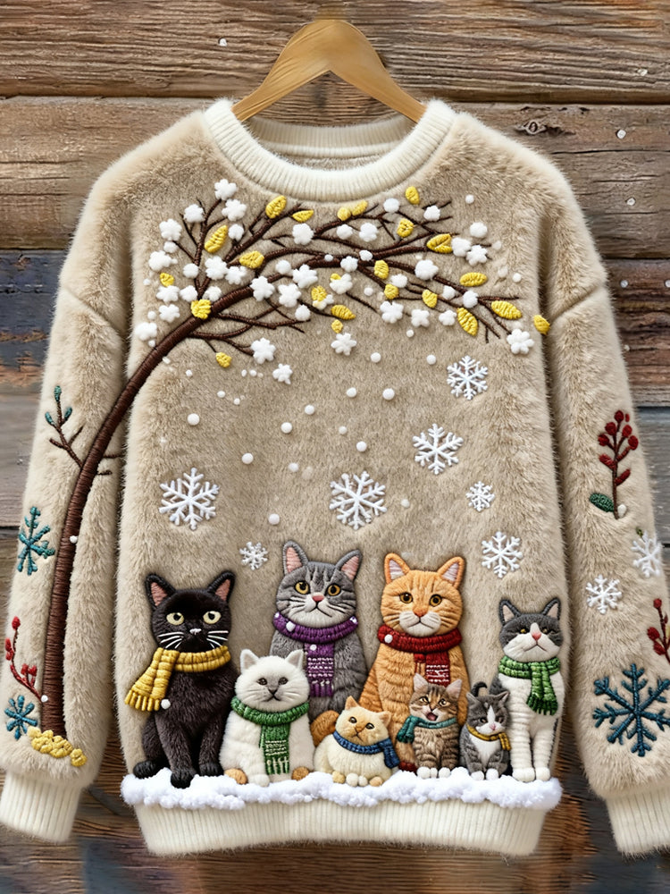 Beige crew neck sweater with embroidered cats, snowflakes and winter branches