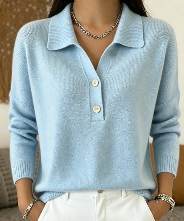 Women's long-sleeve polo collar knit sweater with button placket