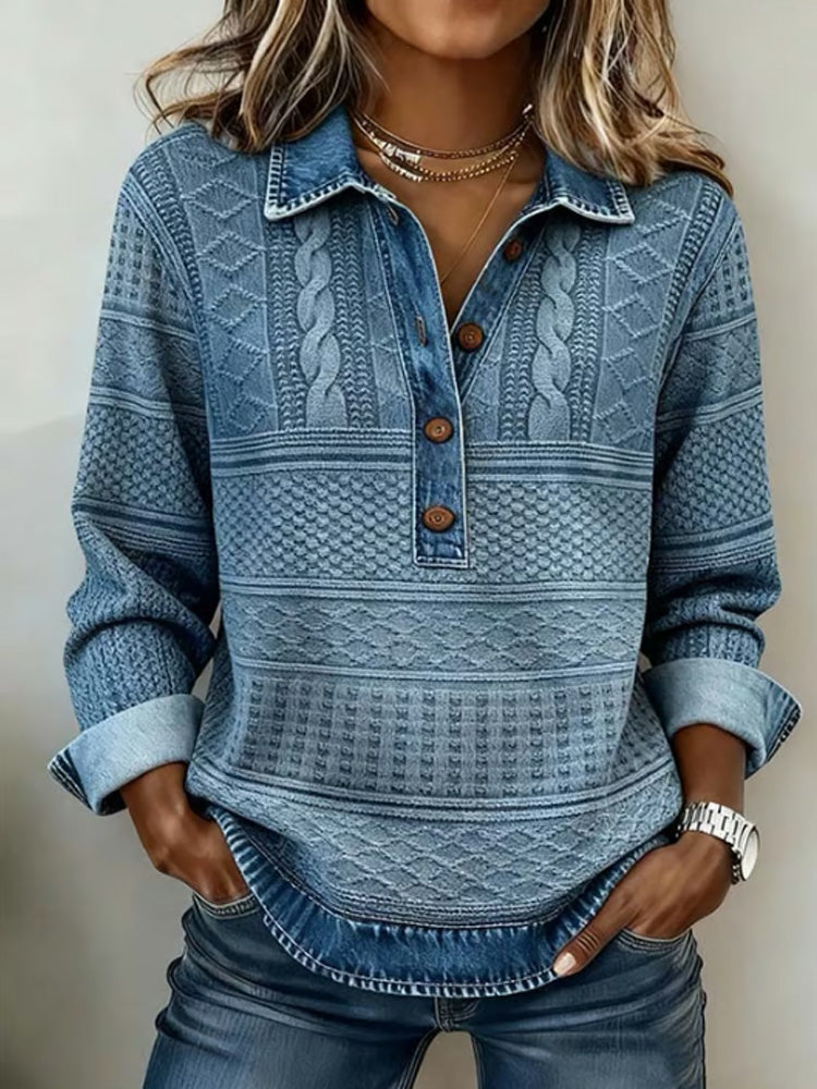 Women's blue textured knit pullover with collared V-neck and long sleeves