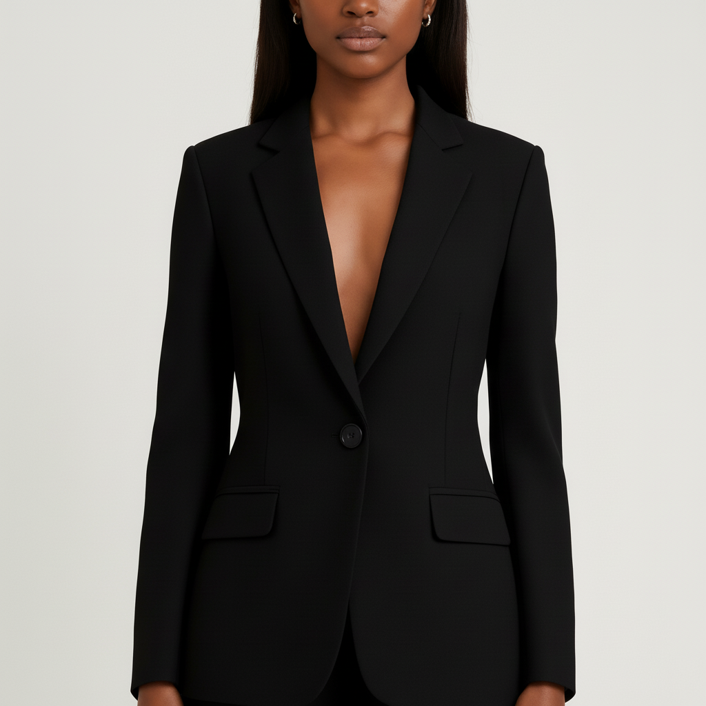Women's tailored blazer and trousers suit set with notched lapels and flap pockets