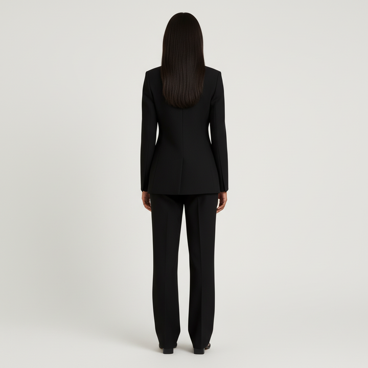 Women's tailored blazer and trousers suit set with notched lapels and flap pockets