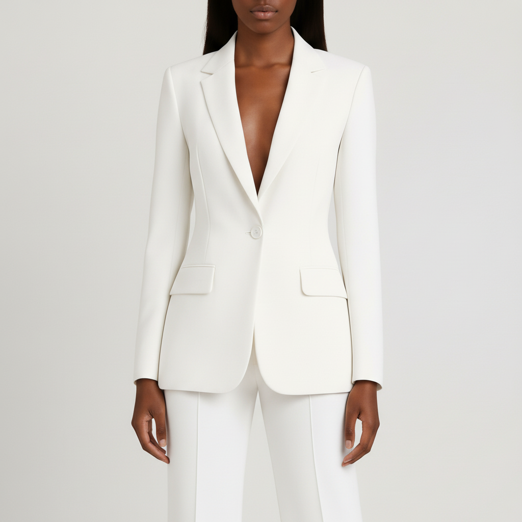 Women's tailored blazer and trousers suit set with notched lapels and flap pockets