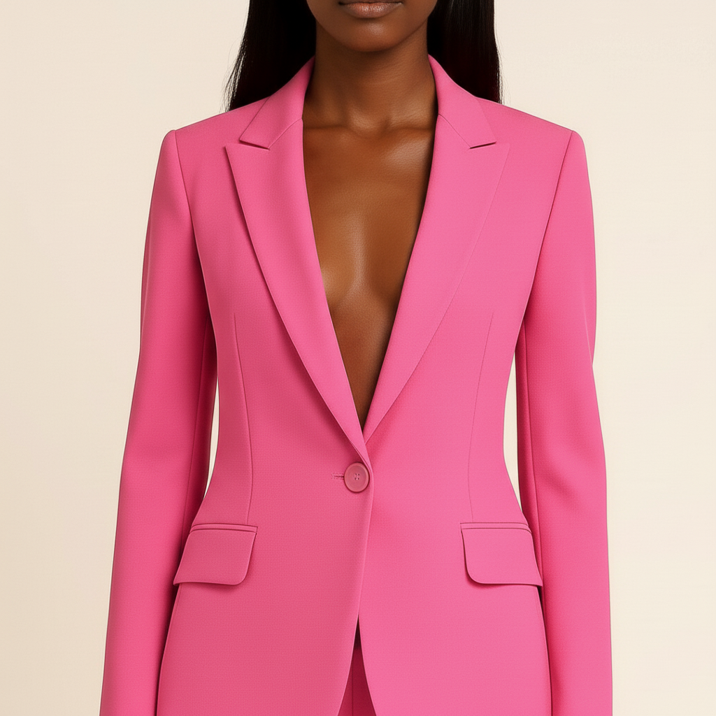 Women's tailored blazer and trousers suit set with notched lapels and flap pockets