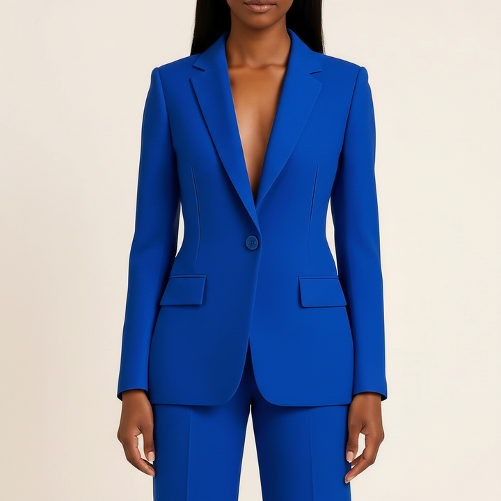 Women's tailored blazer and trousers suit set with notched lapels and flap pockets