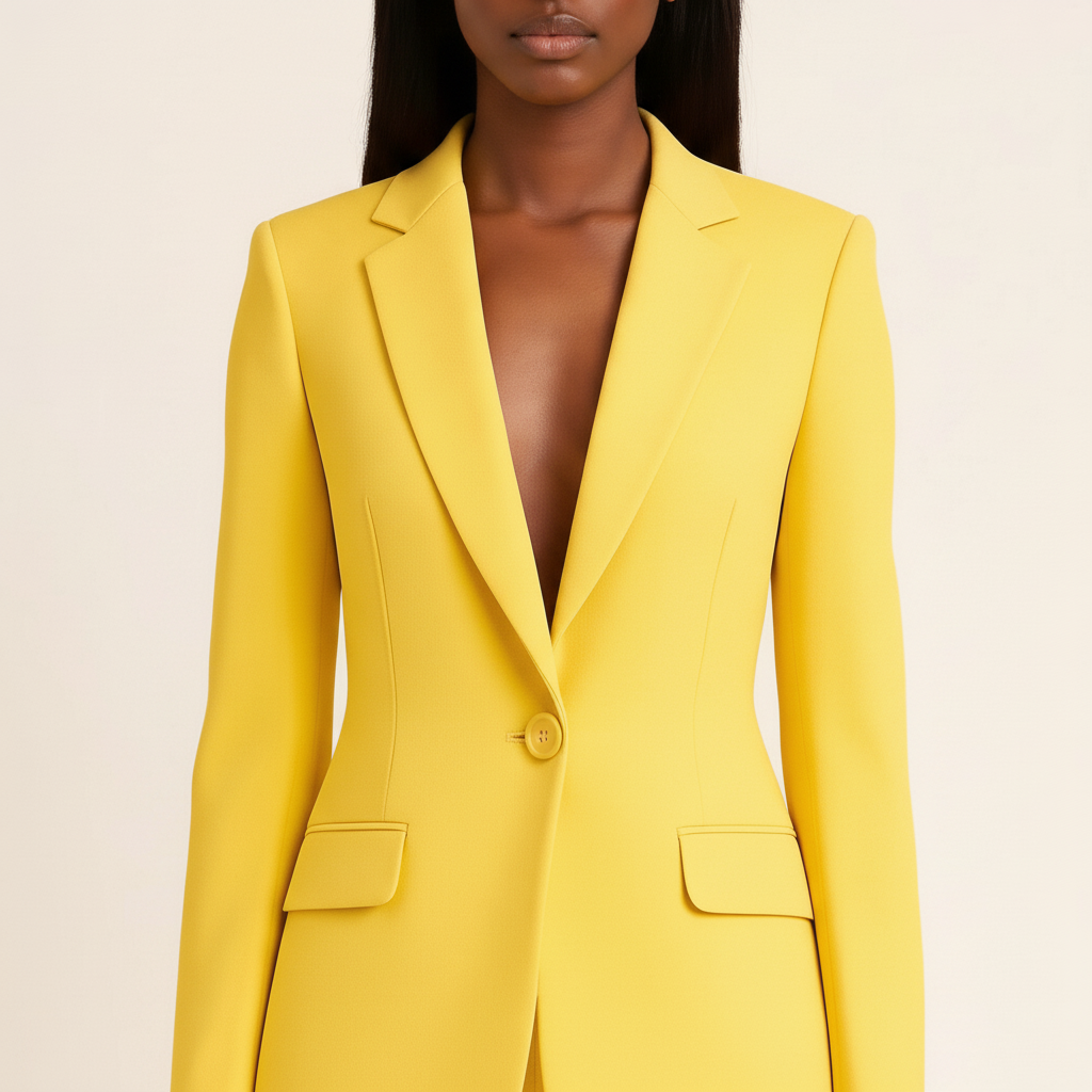 Women's tailored blazer and trousers suit set with notched lapels and flap pockets