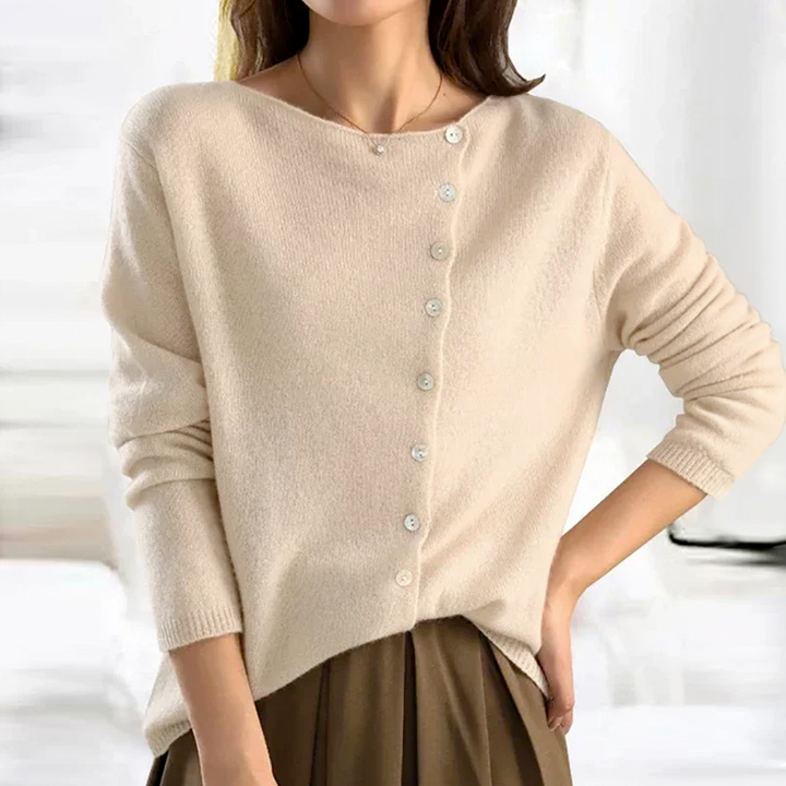 Women's long sleeve button cardigan with crew neckline and ribbed trim