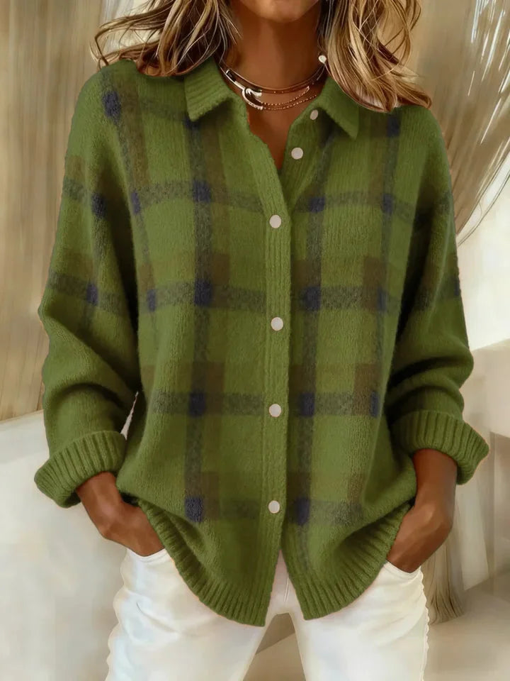 Women's checked button-front knit sweater with collared neckline and long sleeves