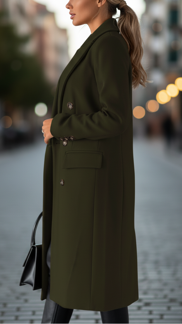 Women's olive long tailored coat with lapels, buttons and flap pockets