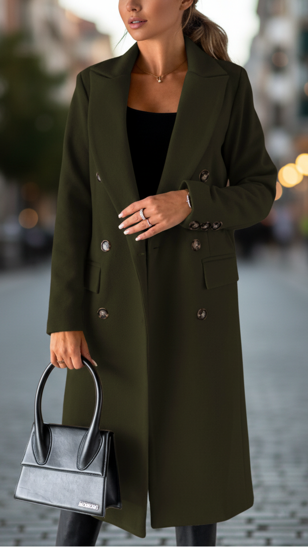 Women's olive long tailored coat with lapels, buttons and flap pockets