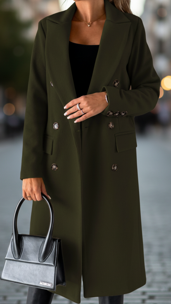 Women's olive long tailored coat with lapels, buttons and flap pockets