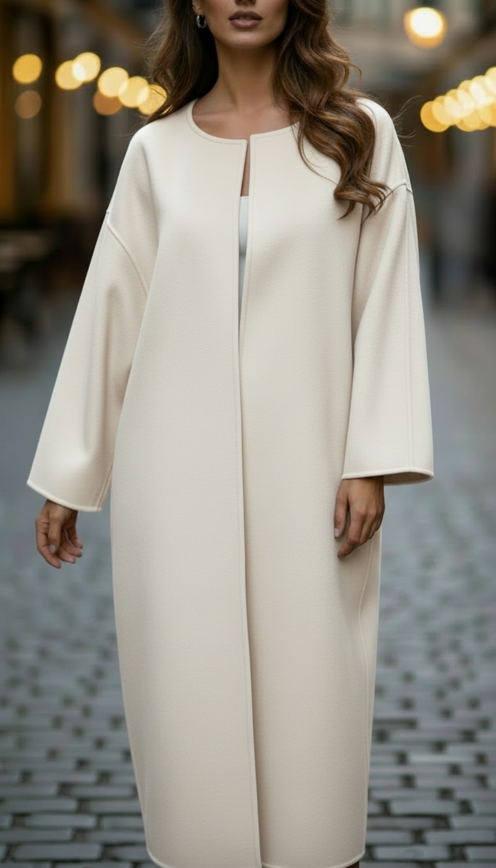 Women's white oversized longline coat with round neckline and wide sleeves