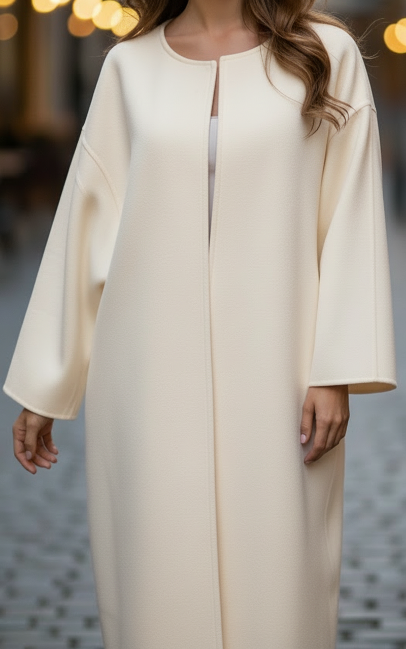 Women's white oversized longline coat with round neckline and wide sleeves