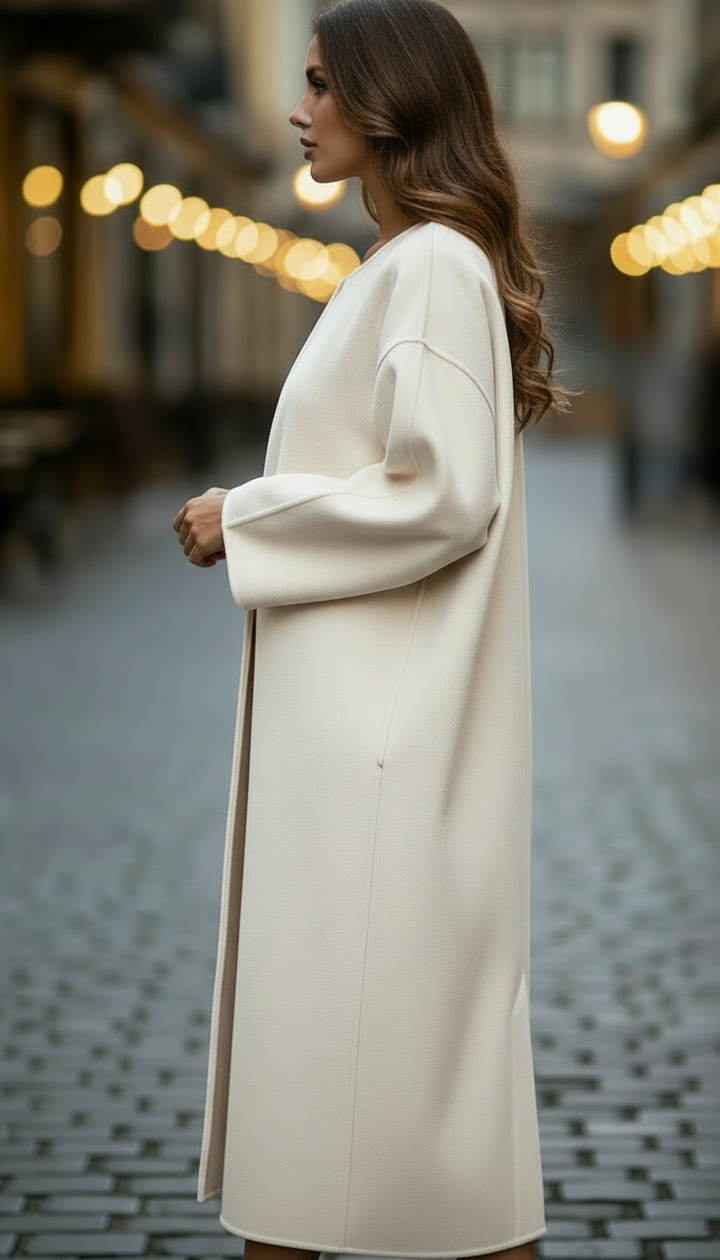 Women's white oversized longline coat with round neckline and wide sleeves