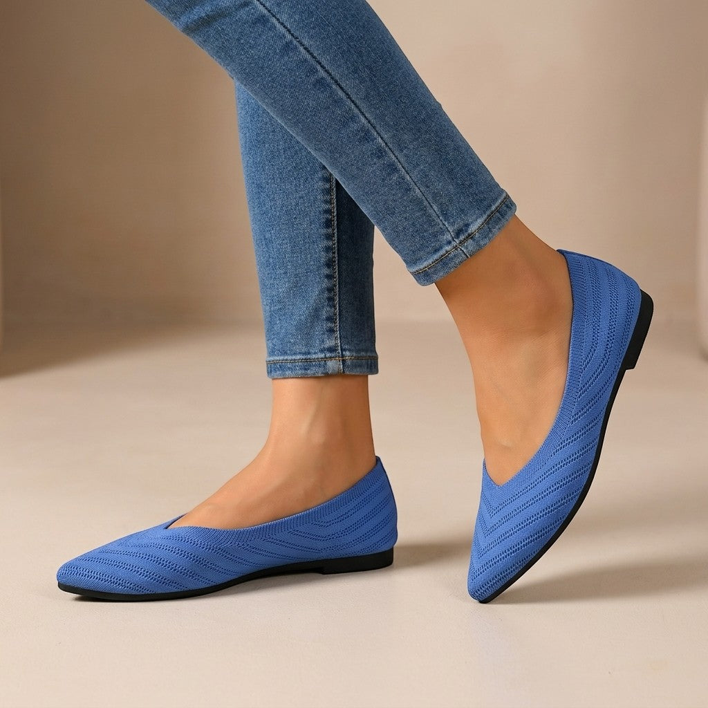 Women's pointed slip-on flats with textured knit uppers and low flat heels