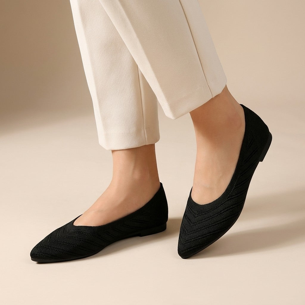 Women's pointed slip-on flats with textured knit uppers and low flat heels