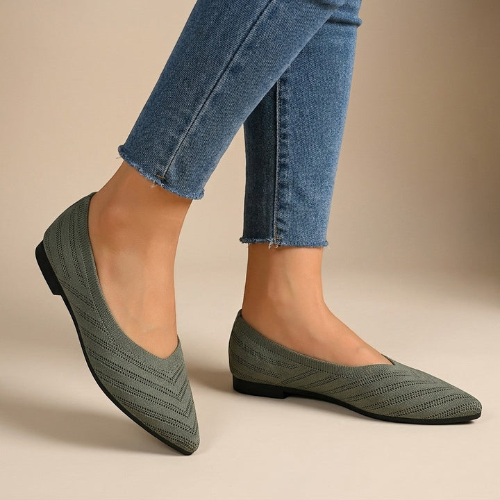 Women's pointed slip-on flats with textured knit uppers and low flat heels