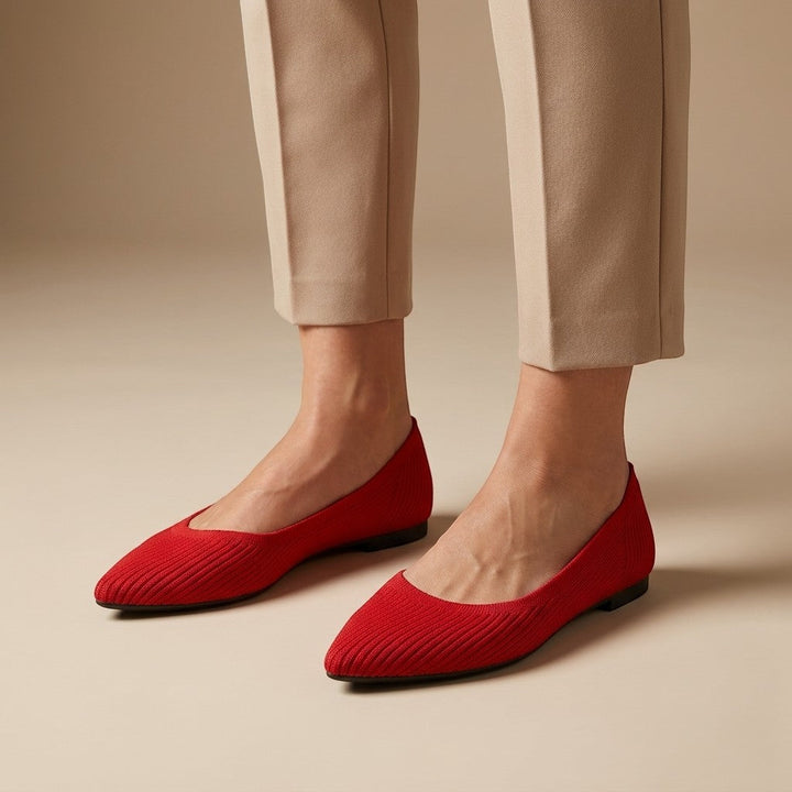 Women's pointed slip-on flats with textured knit uppers and low flat heels